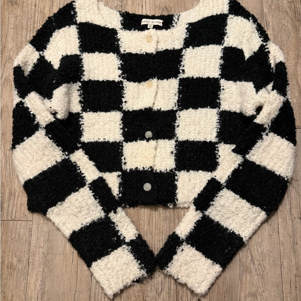 Black and White Checkered Crop Cardigan